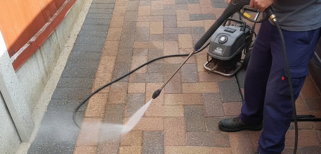 Cornerstone cleaning a stained driveway