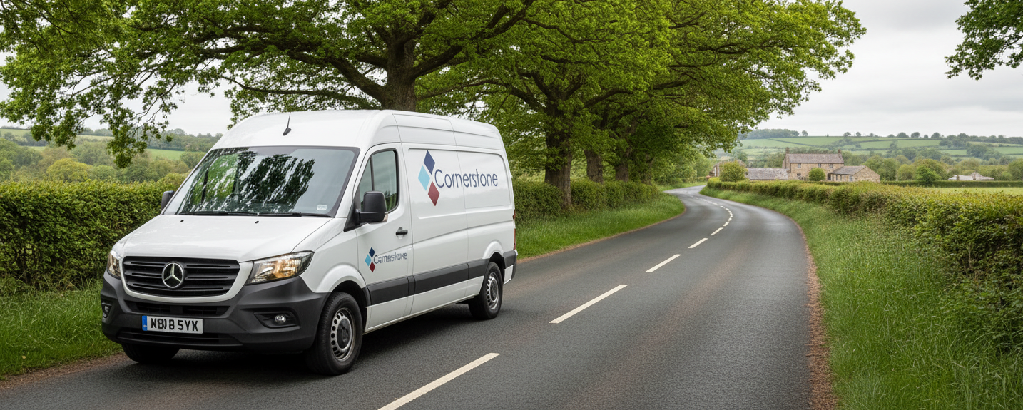 cornerstone branded van travelling UK
